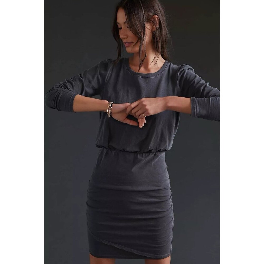 Anthropologie Sundry Shirred Mini Dress (Size M) Grey Long Sleeve Tight Fitted